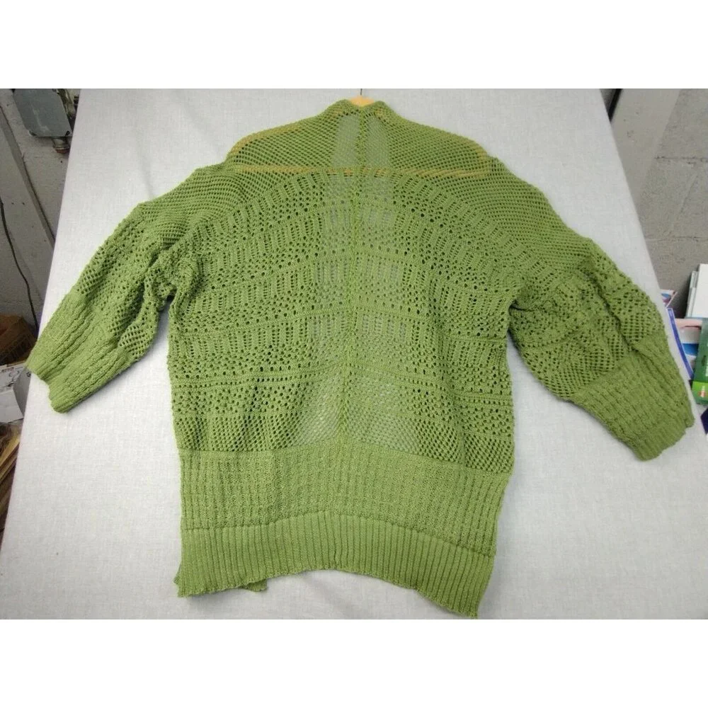 Women's Green Open-Knit Boho Chic Long Sleeve Cozy Cardigan Medium USED - Picture 4 of 4